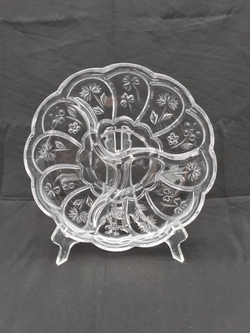 Vintage Divided Relish Scalloped Platter / Dish - Clear Glass, Floral, Thistle